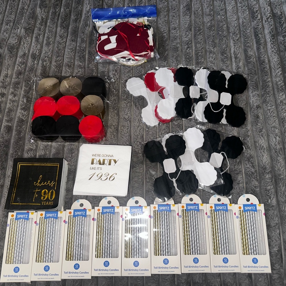 90th Birthday Party Supplies LOT - Red, Black, Gold